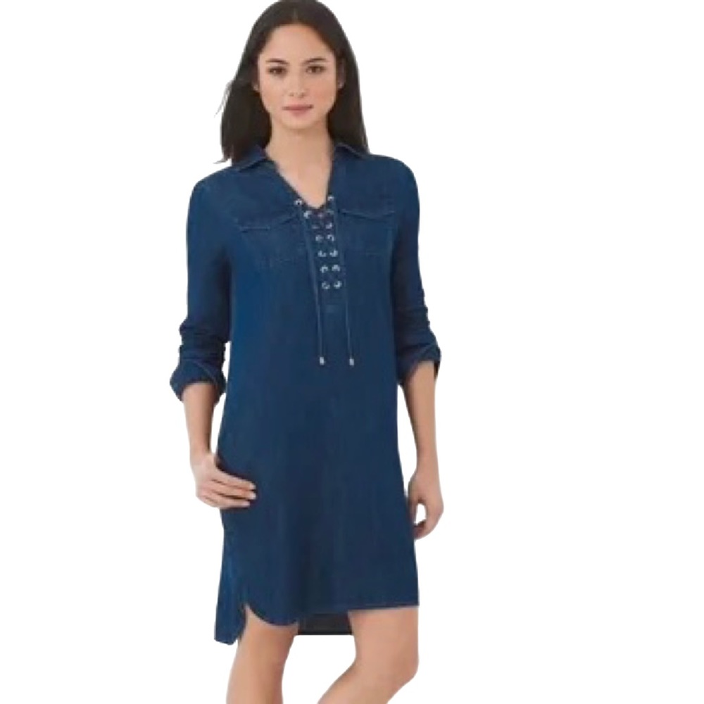 White House Black Market | Long Sleeve Lace Up Front Dark Denim Dress 10 $89